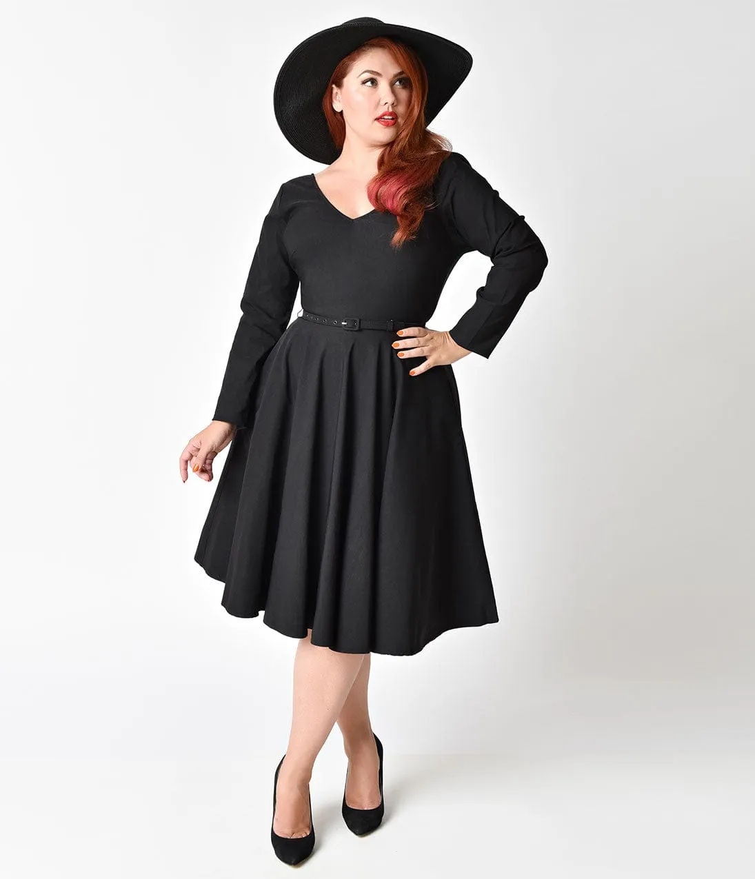 Unique Vintage Plus Size 1950s Black Stretch Long Sleeve Maude Swing Dress sold by Unique Vintage product image thumbnail 4
