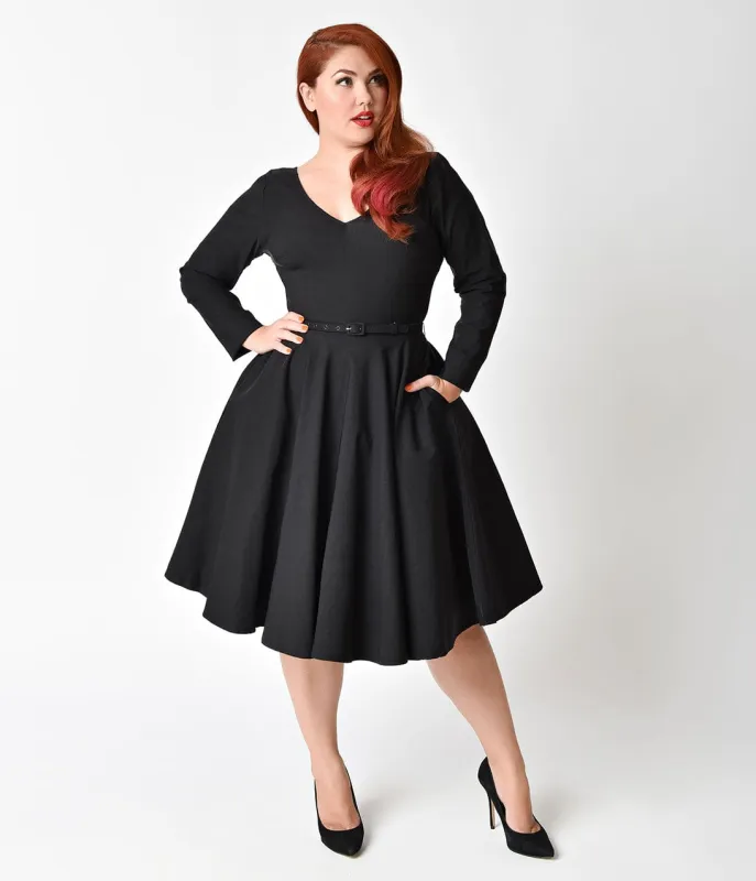 Unique Vintage Plus Size 1950s Black Stretch Long Sleeve Maude Swing Dress made by Unique Vintage