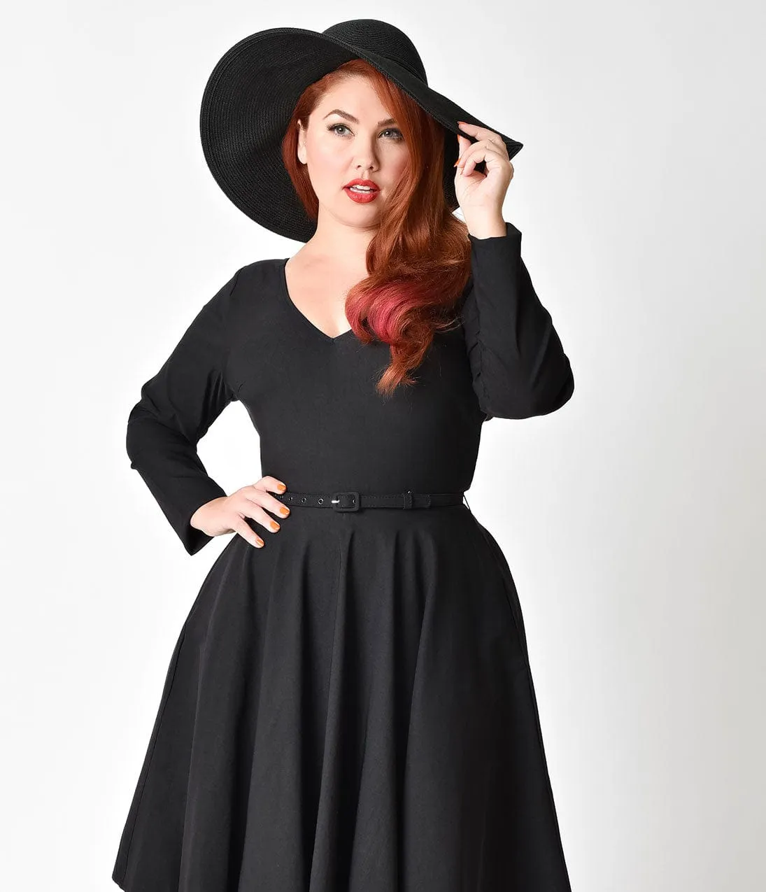 Unique Vintage Plus Size 1950s Black Stretch Long Sleeve Maude Swing Dress sold by Unique Vintage product image thumbnail 5