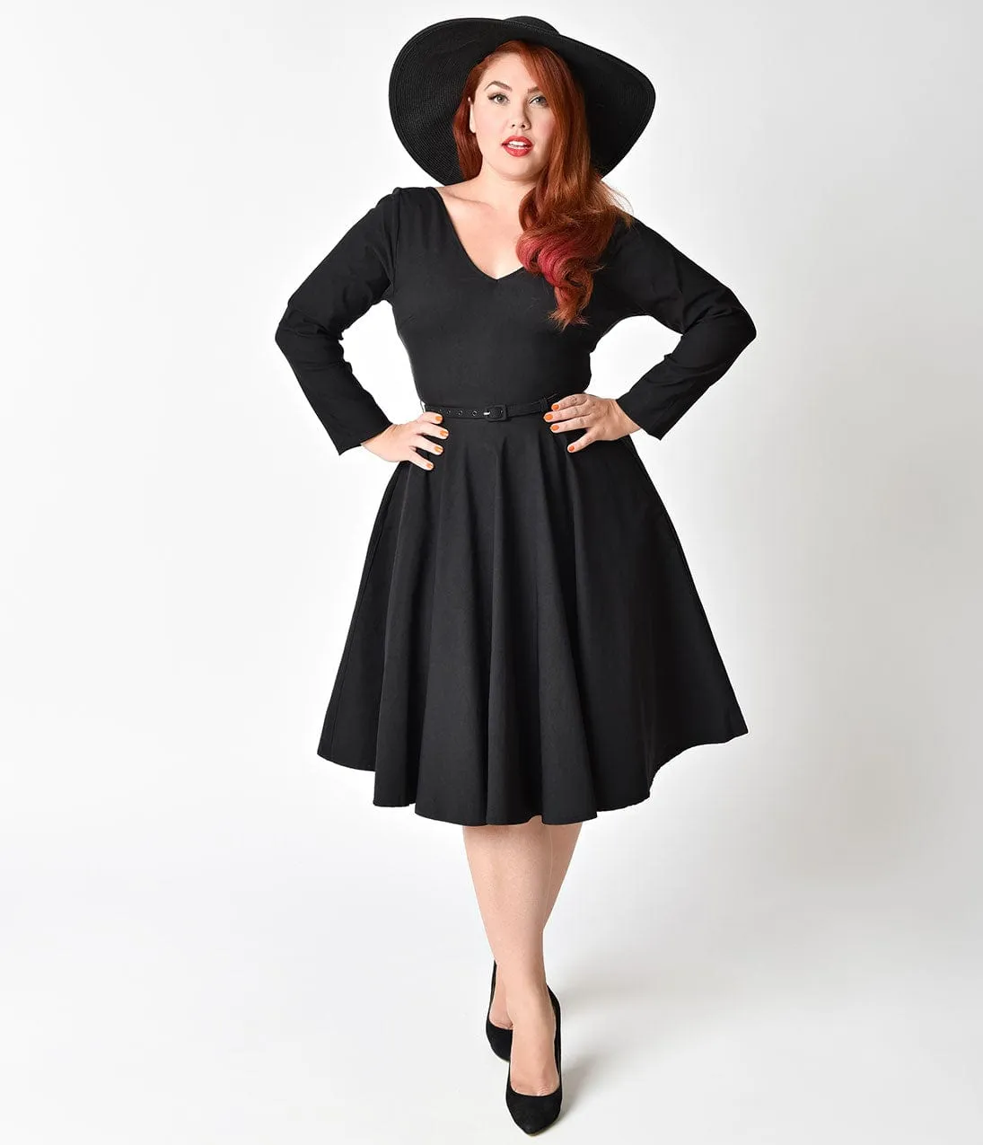 Unique Vintage Plus Size 1950s Black Stretch Long Sleeve Maude Swing Dress sold by Unique Vintage product image thumbnail 3