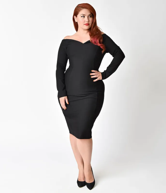 Unique Vintage Plus Size 1960s Black Cotton Stretch Long Sleeved Cape Cod Wiggle Dress made by Unique Vintage