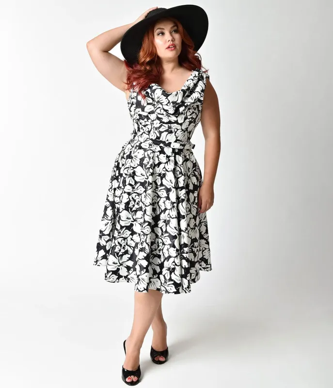 Unique Vintage Plus Size 1950s Style Black & White Floral Blanc Noir Swing Dress made by Unique Vintage
