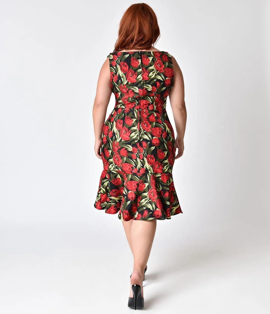 Unique Vintage Plus Size 1950s Style Black & Red Floral Sleeveless Gloria Wiggle Dress sold by Unique Vintage product image thumbnail 2