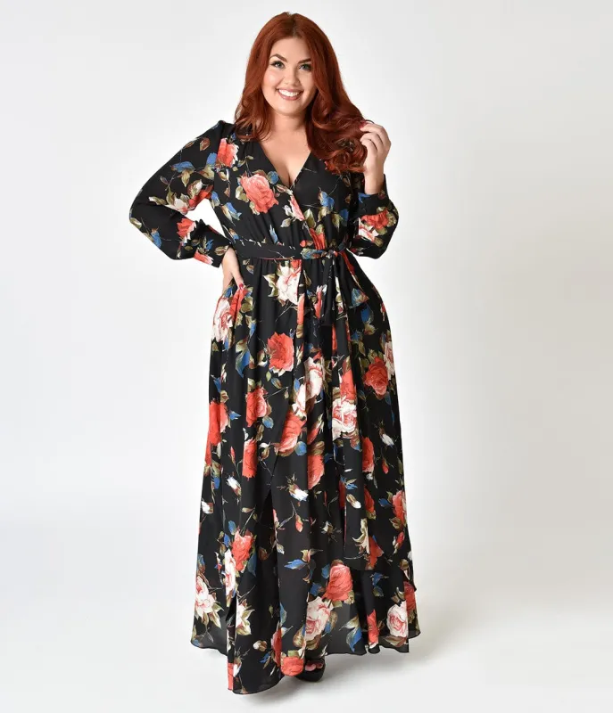 Unique Vintage Plus Size 1960s Style Black & Red Floral Long Sleeve Farrah Maxi Dress sold by Unique Vintage