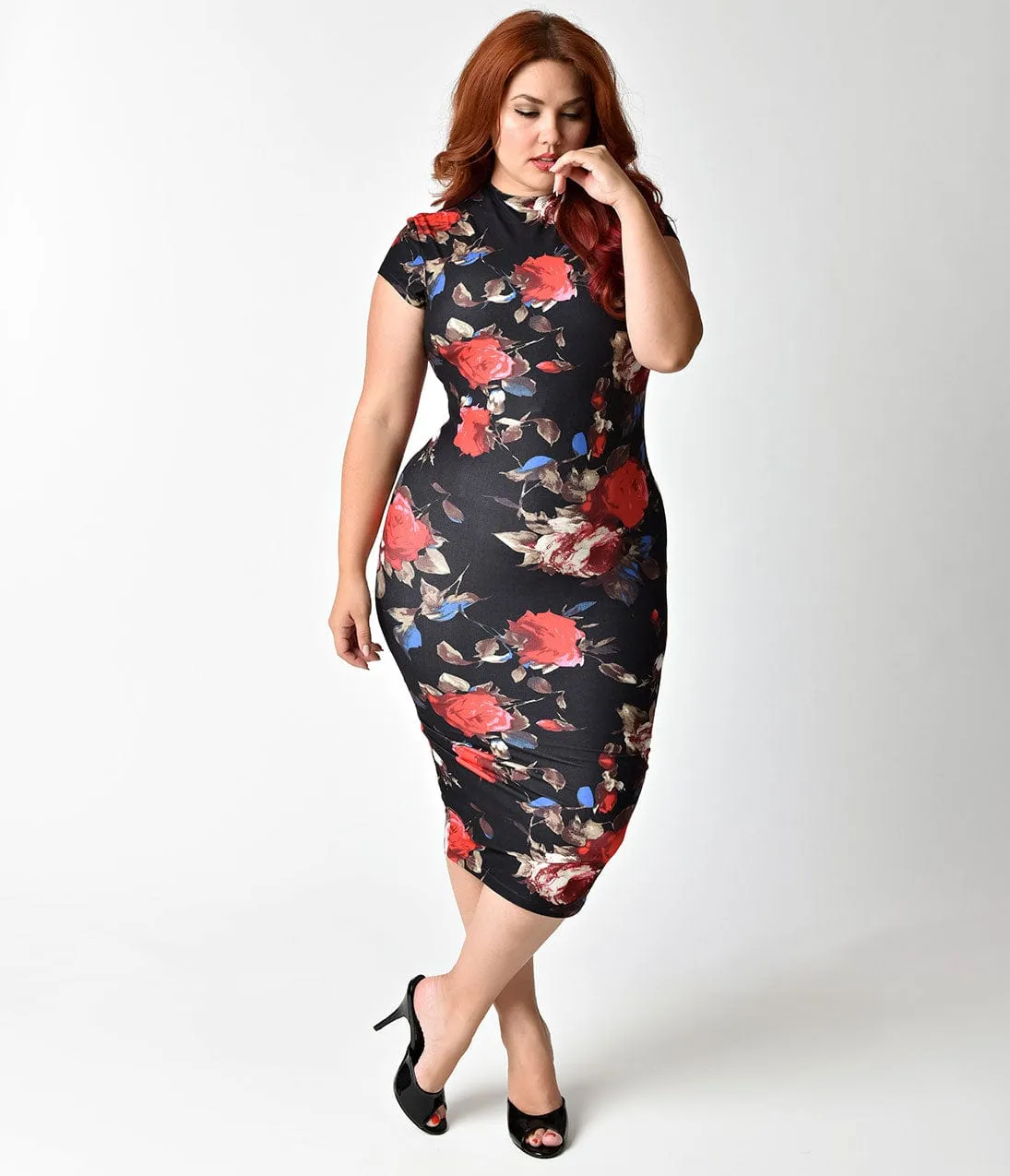 Unique Vintage Plus Size 1960s Black Floral Stretch Knit Cap Sleeve Holly Wiggle Dress sold by Unique Vintage product image thumbnail 4