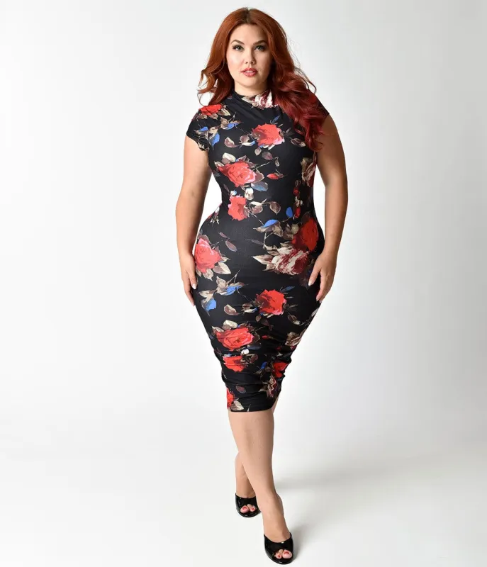 Unique Vintage Plus Size 1960s Black Floral Stretch Knit Cap Sleeve Holly Wiggle Dress made by Unique Vintage