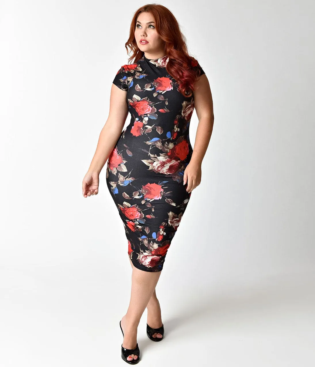 Unique Vintage Plus Size 1960s Black Floral Stretch Knit Cap Sleeve Holly Wiggle Dress sold by Unique Vintage product image thumbnail 5