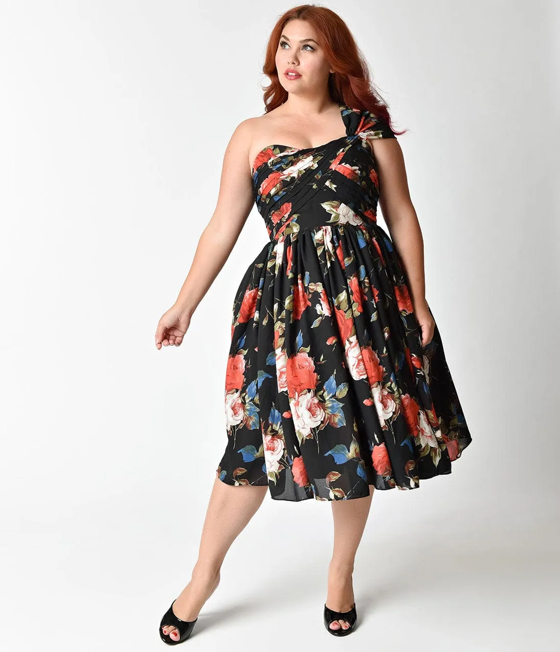 Unique Vintage Plus Size Black Floral Charisse One Shoulder Dress sold by Unique Vintage product image thumbnail 3