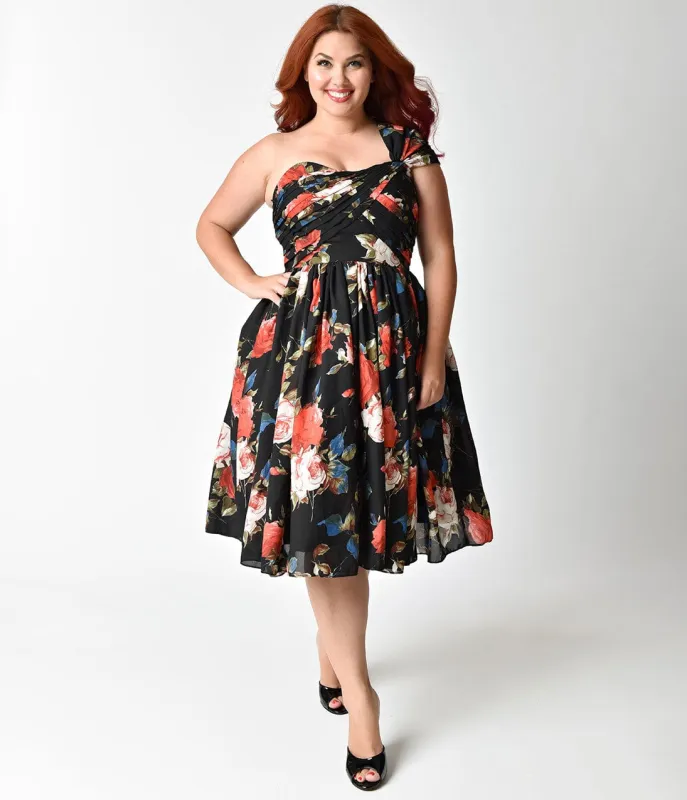 Unique Vintage Plus Size Black Floral Charisse One Shoulder Dress sold by Unique Vintage