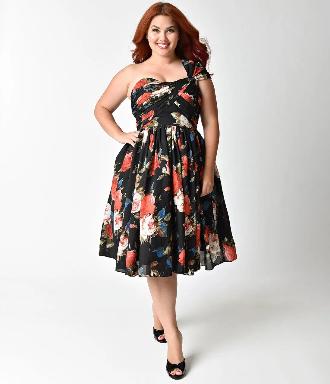 Unique Vintage Plus Size Black Floral Charisse One Shoulder Dress sold by Unique Vintage
