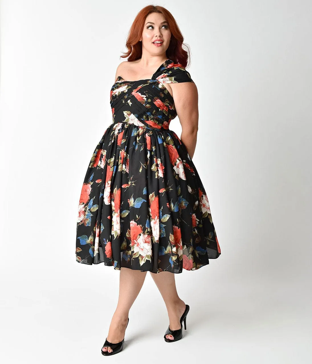 Unique Vintage Plus Size Black Floral Charisse One Shoulder Dress sold by Unique Vintage product image thumbnail 5