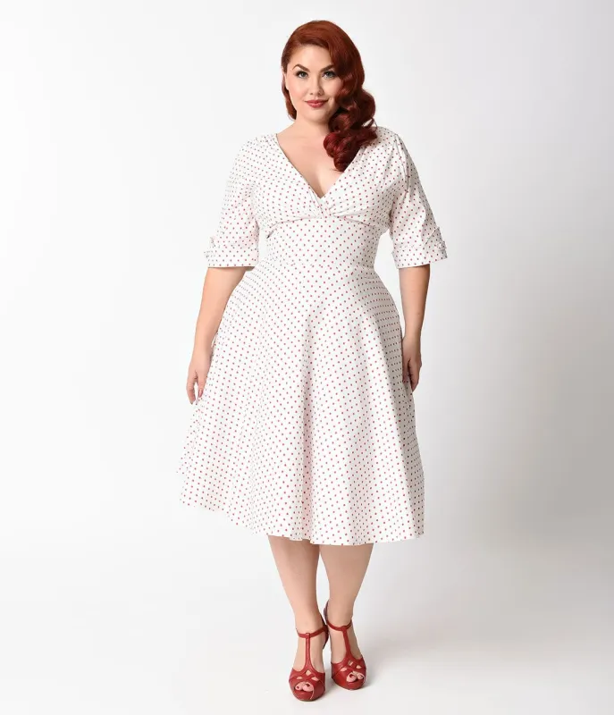 Unique Vintage Plus Size 1950s White & Red Dot Delores Swing Dress with Sleeves sold by Unique Vintage