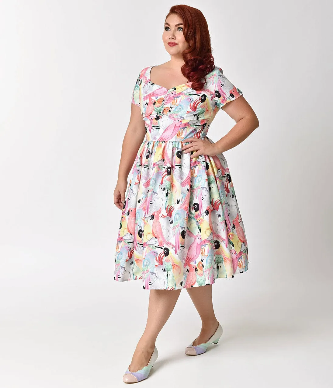 Unique Vintage Plus Size 1950s Style Multicolor Parrot Print Short Sleeve Draper Swing Dress sold by Unique Vintage product image thumbnail 3