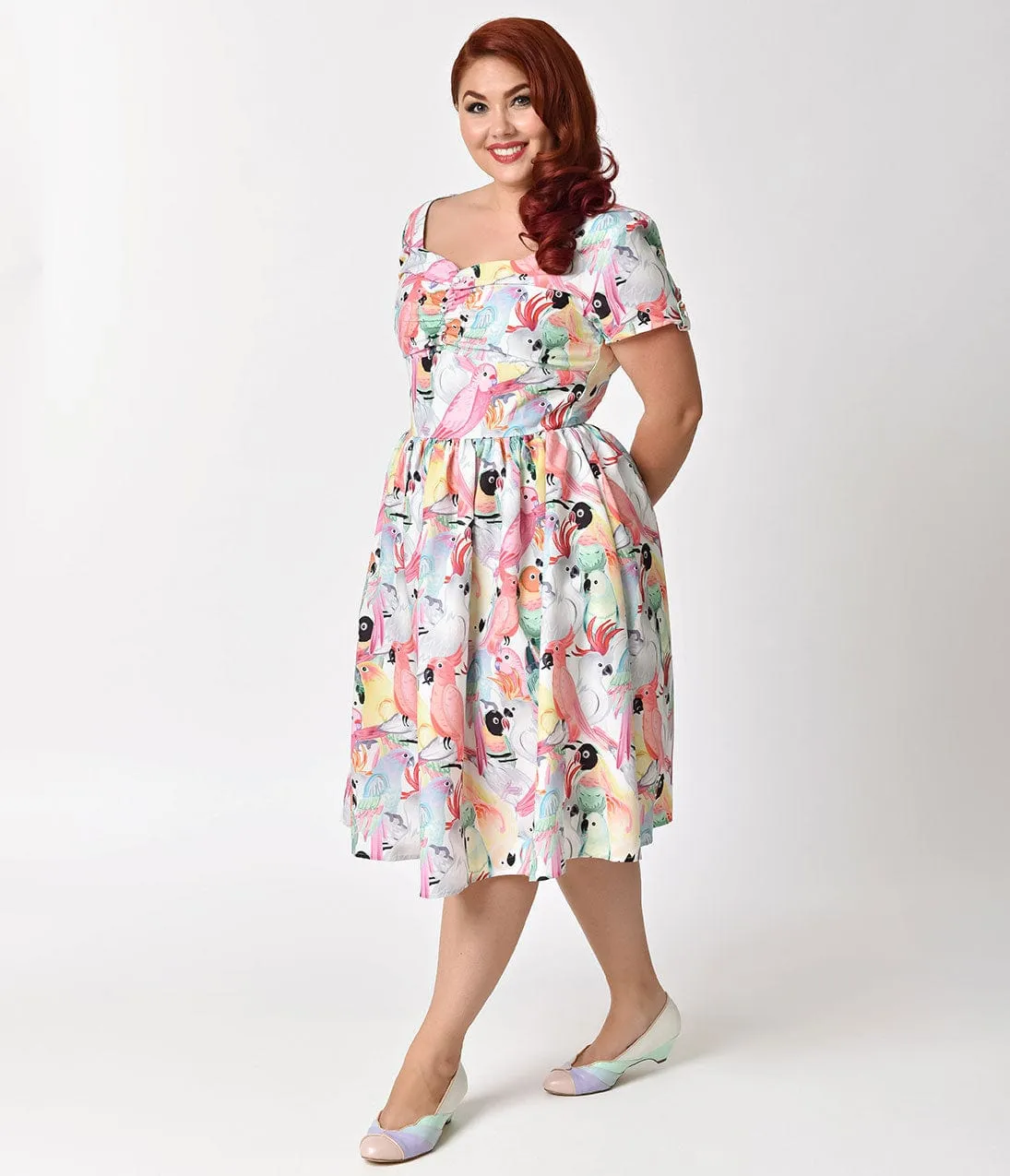 Unique Vintage Plus Size 1950s Style Multicolor Parrot Print Short Sleeve Draper Swing Dress sold by Unique Vintage product image thumbnail 4