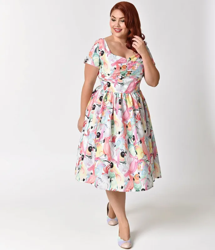 Unique Vintage Plus Size 1950s Style Multicolor Parrot Print Short Sleeve Draper Swing Dress made by Unique Vintage