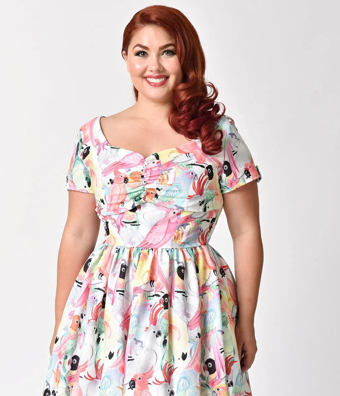 Unique Vintage Plus Size 1950s Style Multicolor Parrot Print Short Sleeve Draper Swing Dress sold by Unique Vintage product image thumbnail 5