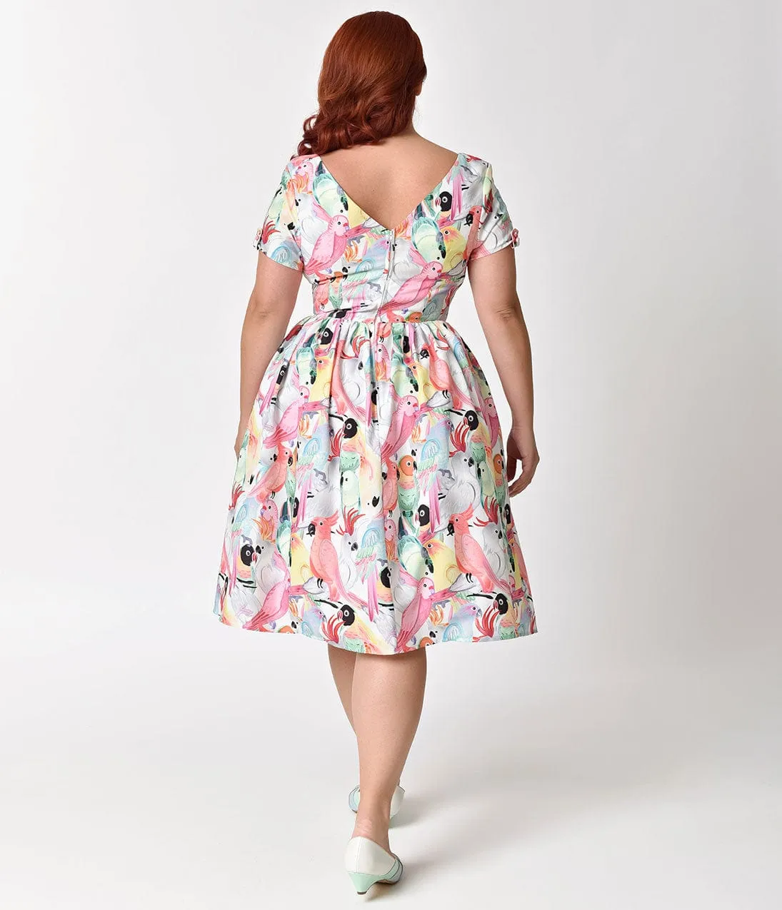 Unique Vintage Plus Size 1950s Style Multicolor Parrot Print Short Sleeve Draper Swing Dress sold by Unique Vintage product image thumbnail 2