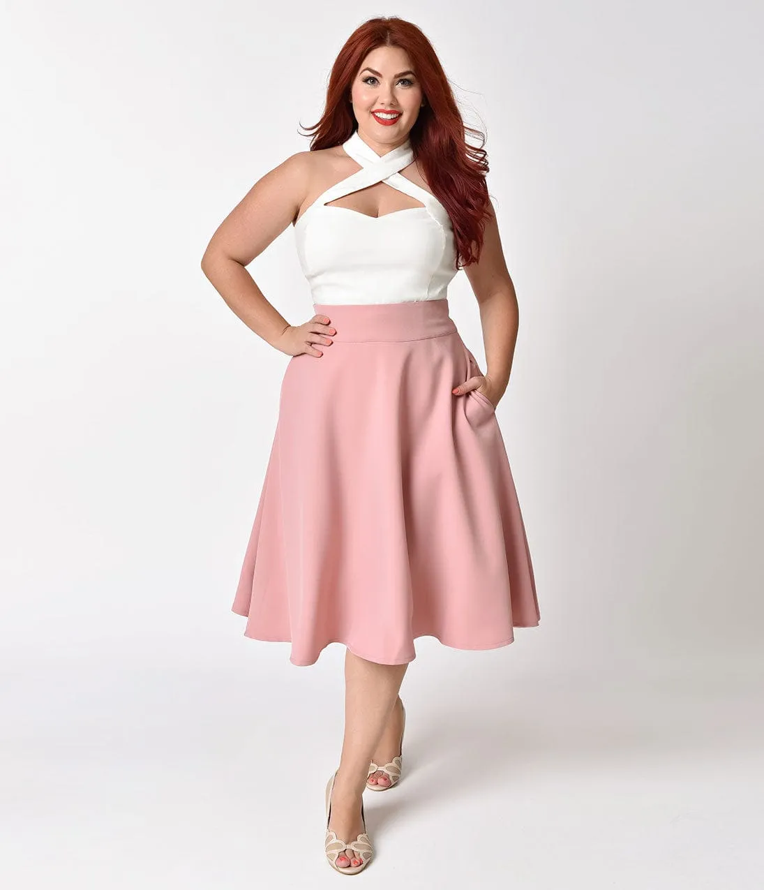 Unique Vintage Plus Size Retro Style Rose Pink High Waist Vivien Swing Skirt sold by Unique Vintage product image thumbnail 4
