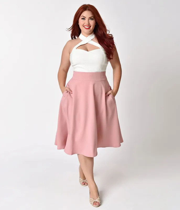 Unique Vintage Plus Size Retro Style Rose Pink High Waist Vivien Swing Skirt made by Unique Vintage