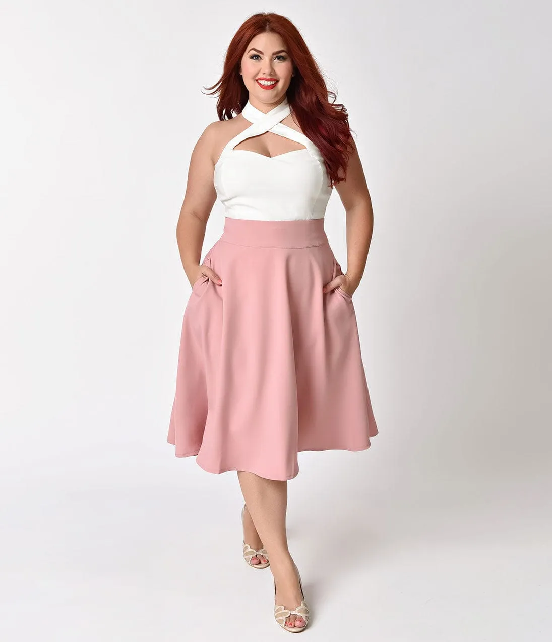 Unique Vintage Plus Size Retro Style Rose Pink High Waist Vivien Swing Skirt sold by Unique Vintage