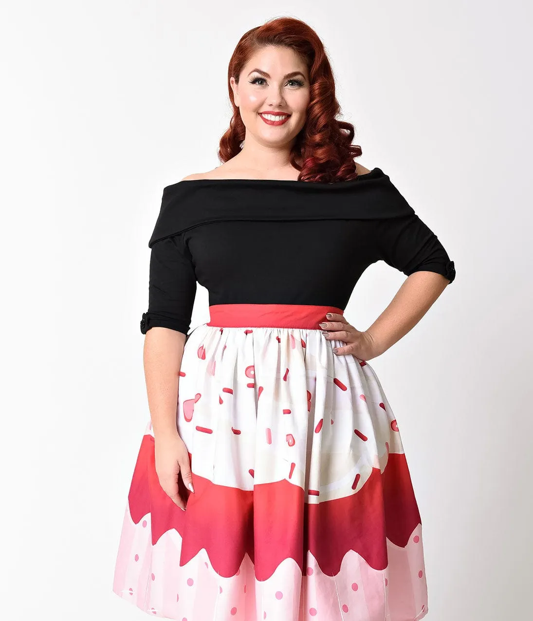 Unique Vintage Plus Size 1950s Red Velvet Cupcake High Waist Circle Swing Skirt sold by Unique Vintage product image thumbnail 4