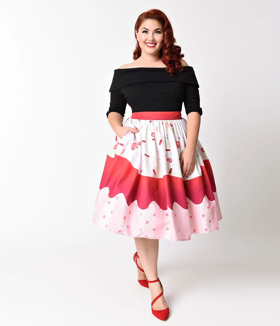 Unique Vintage Plus Size 1950s Red Velvet Cupcake High Waist Circle Swing Skirt sold by Unique Vintage