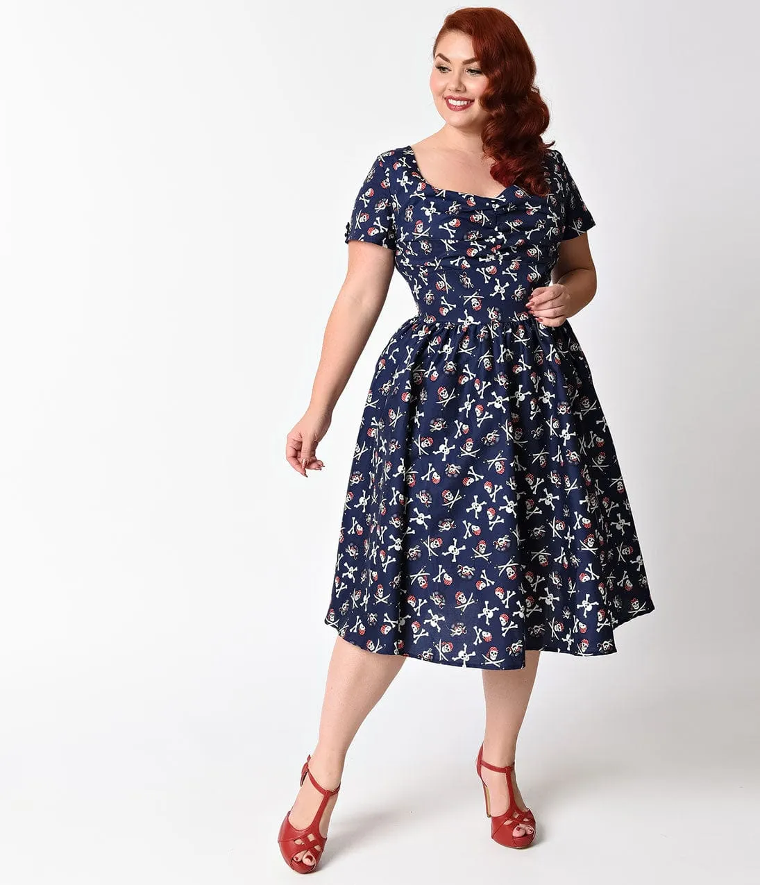Unique Vintage Plus Size 1950s Style Navy Blue Dread Pirate Short Sleeve Draper Swing Dress sold by Unique Vintage product image thumbnail 5