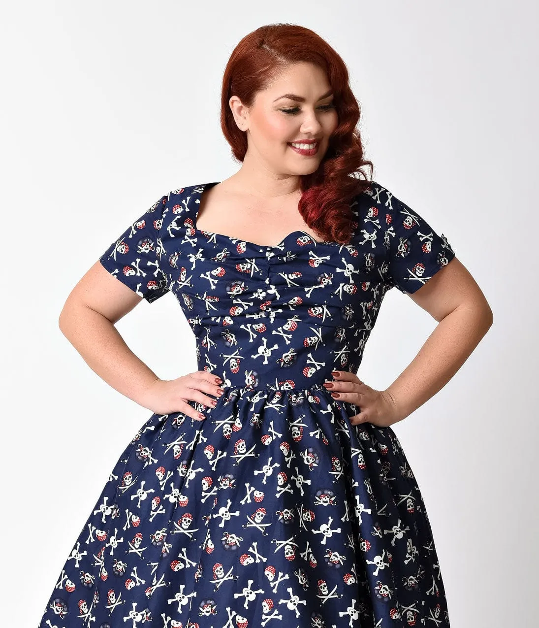 Unique Vintage Plus Size 1950s Style Navy Blue Dread Pirate Short Sleeve Draper Swing Dress sold by Unique Vintage product image thumbnail 3