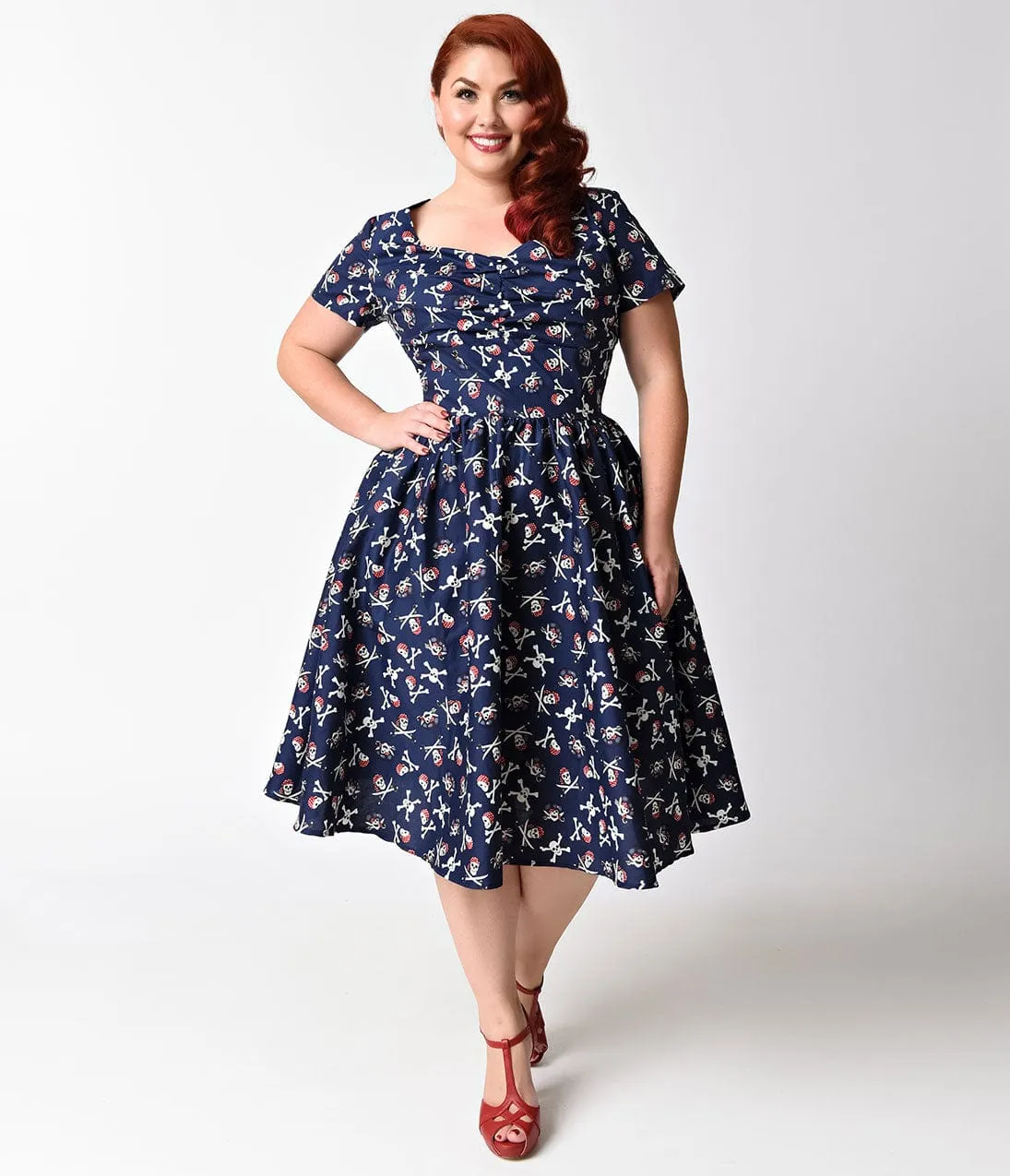 Unique Vintage Plus Size 1950s Style Navy Blue Dread Pirate Short Sleeve Draper Swing Dress sold by Unique Vintage