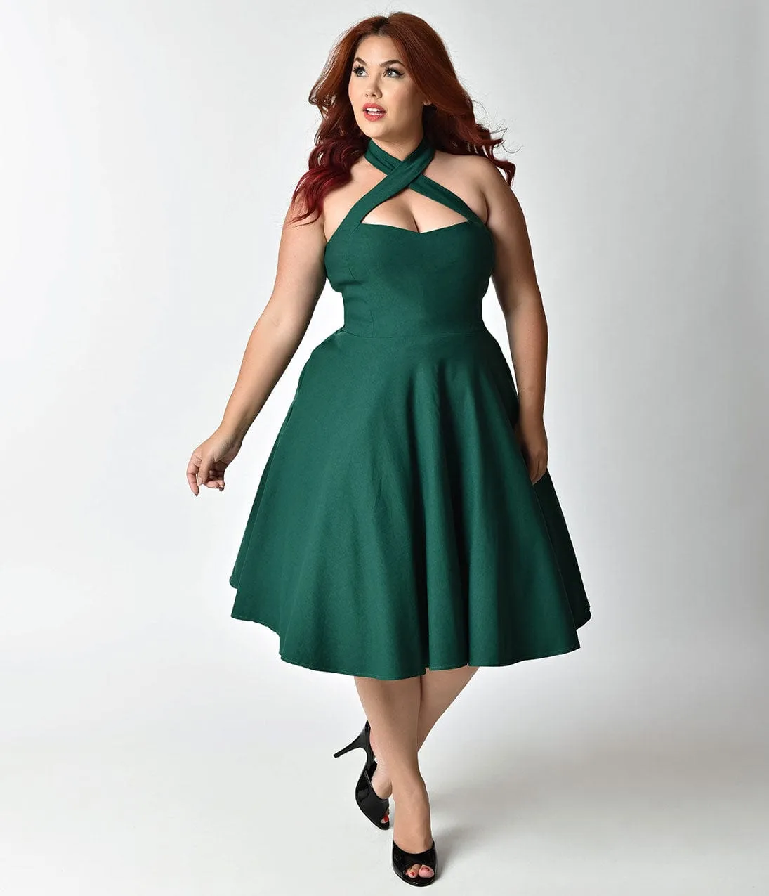 Unique Vintage Plus Size Emerald Green Cross Halter Rita Flare Dress sold by Unique Vintage product image thumbnail 3