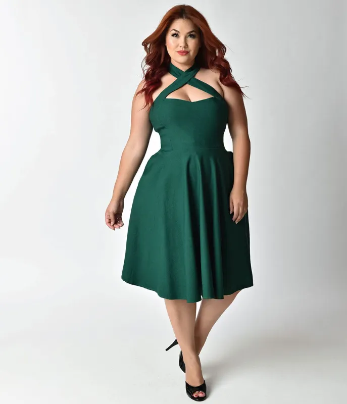 Unique Vintage Plus Size Emerald Green Cross Halter Rita Flare Dress made by Unique Vintage