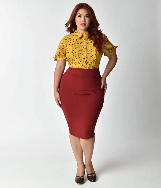 Unique Vintage Plus Size 1960s Burgundy High Waist Katharine Wiggle Skirt made by Unique Vintage