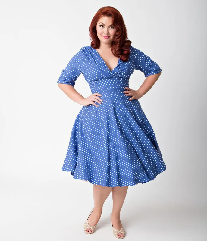 Unique Vintage Plus Size 1950s Blue & White Dot Delores Swing Dress with Sleeves sold by Unique Vintage