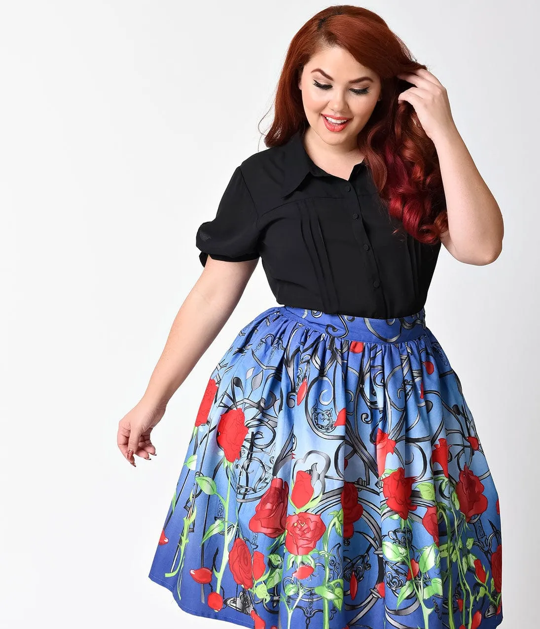 Unique Vintage Plus Size 1950s Blue & Red Rose It’s A Beauty Swing Skirt sold by Unique Vintage product image thumbnail 4