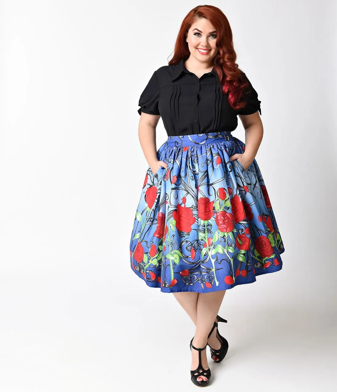 Unique Vintage Plus Size 1950s Blue & Red Rose It’s A Beauty Swing Skirt sold by Unique Vintage