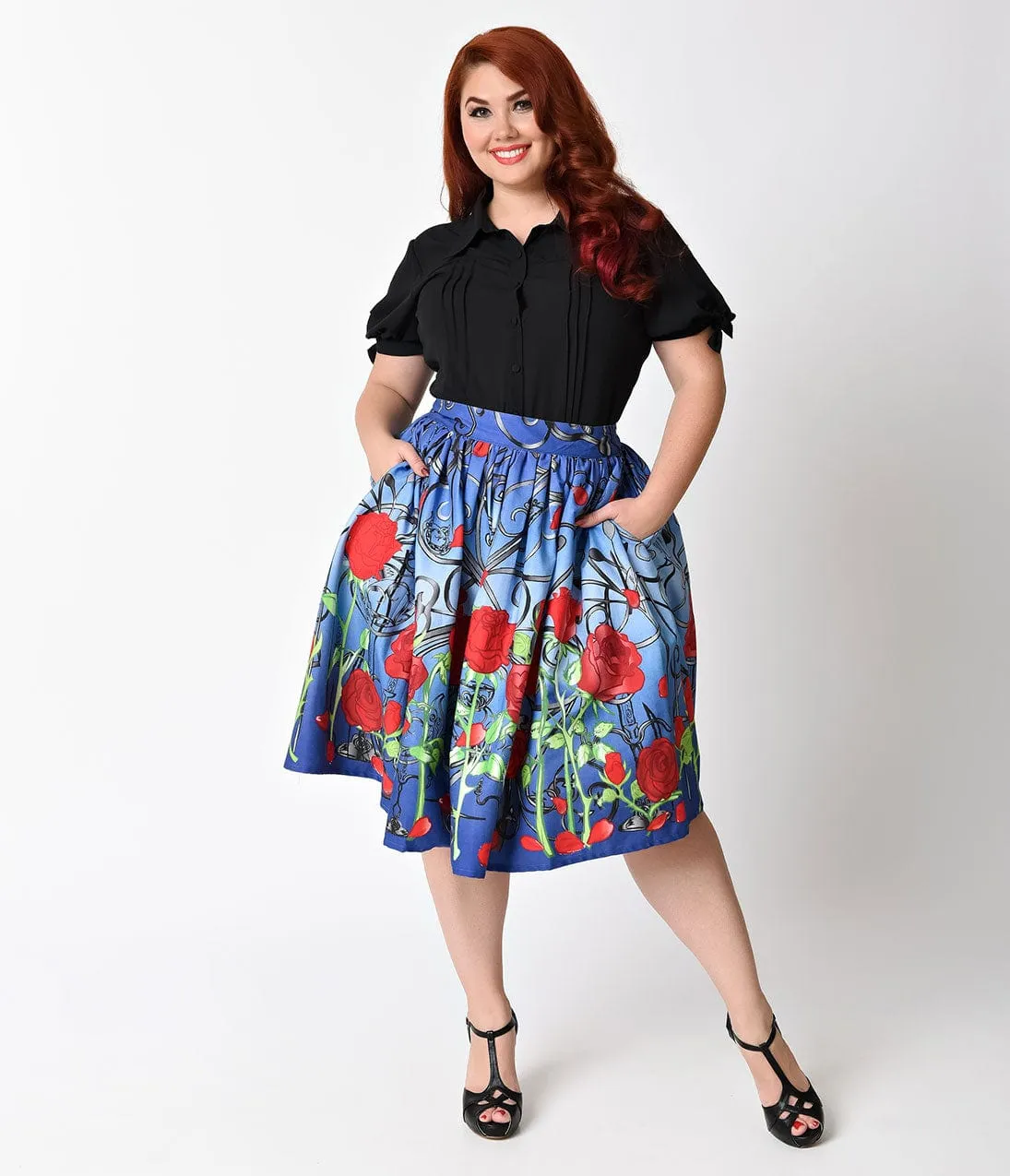 Unique Vintage Plus Size 1950s Blue & Red Rose It’s A Beauty Swing Skirt sold by Unique Vintage product image thumbnail 5