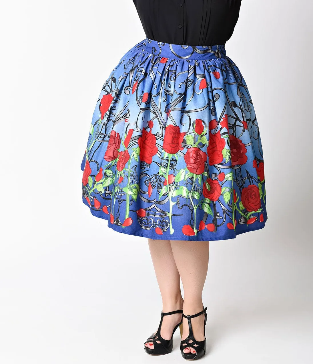 Unique Vintage Plus Size 1950s Blue & Red Rose It’s A Beauty Swing Skirt sold by Unique Vintage product image thumbnail 2