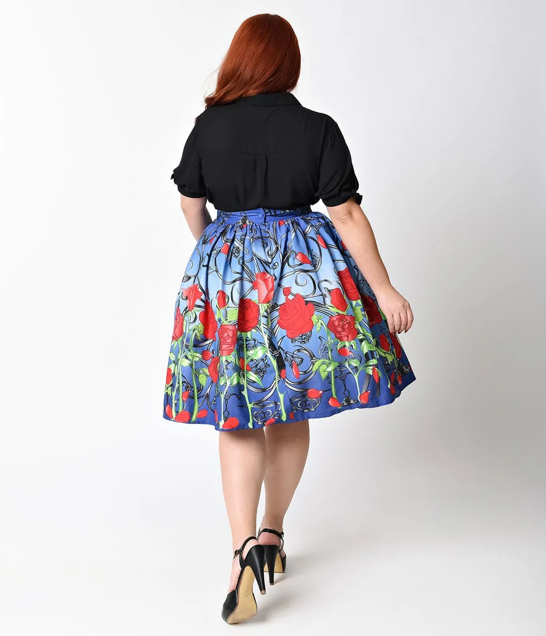 Unique Vintage Plus Size 1950s Blue & Red Rose It’s A Beauty Swing Skirt sold by Unique Vintage product image thumbnail 3