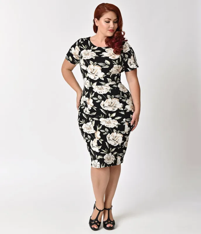 Unique Vintage Plus Size 1960s Style Black & Ivory Floral Short Sleeve Stretch Mod Wiggle Dress made by Unique Vintage