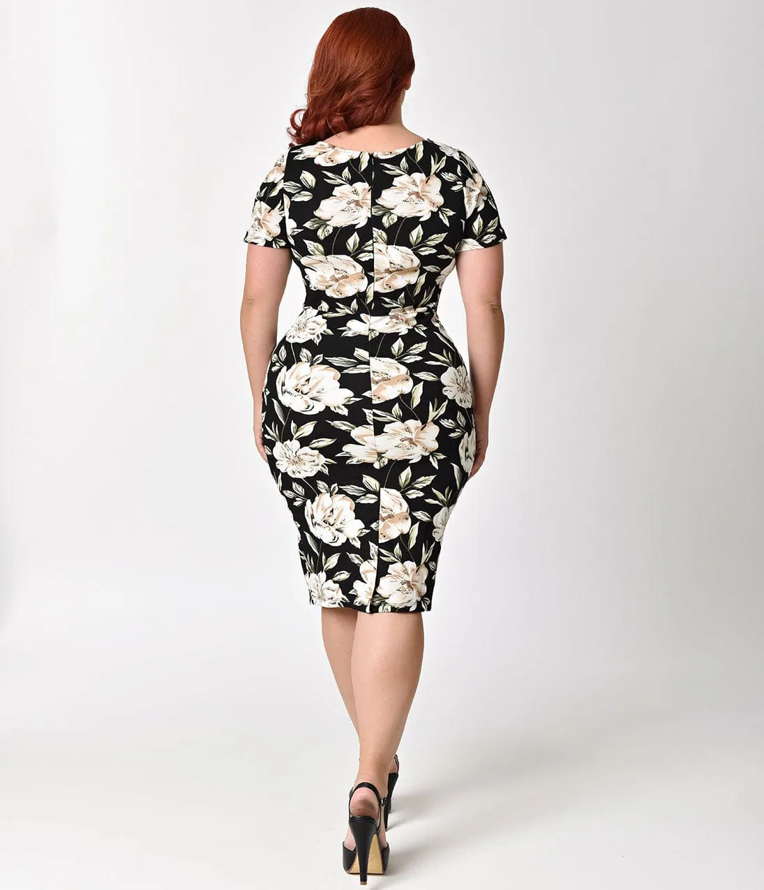 Unique Vintage Plus Size 1960s Style Black & Ivory Floral Short Sleeve Stretch Mod Wiggle Dress sold by Unique Vintage product image thumbnail 2