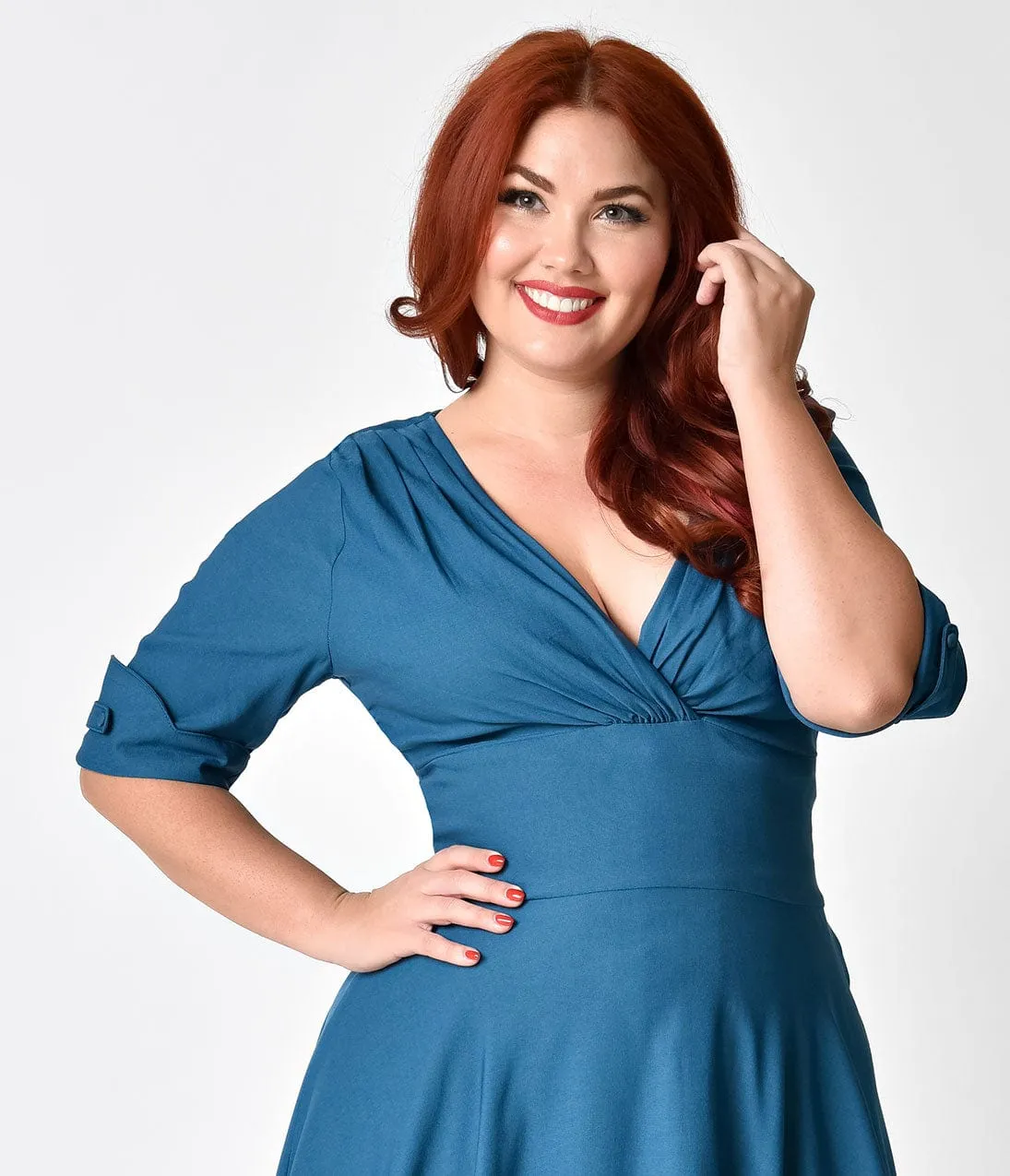 Unique Vintage Plus Size 1950s Teal Delores Swing Dress with Sleeves sold by Unique Vintage product image thumbnail 4