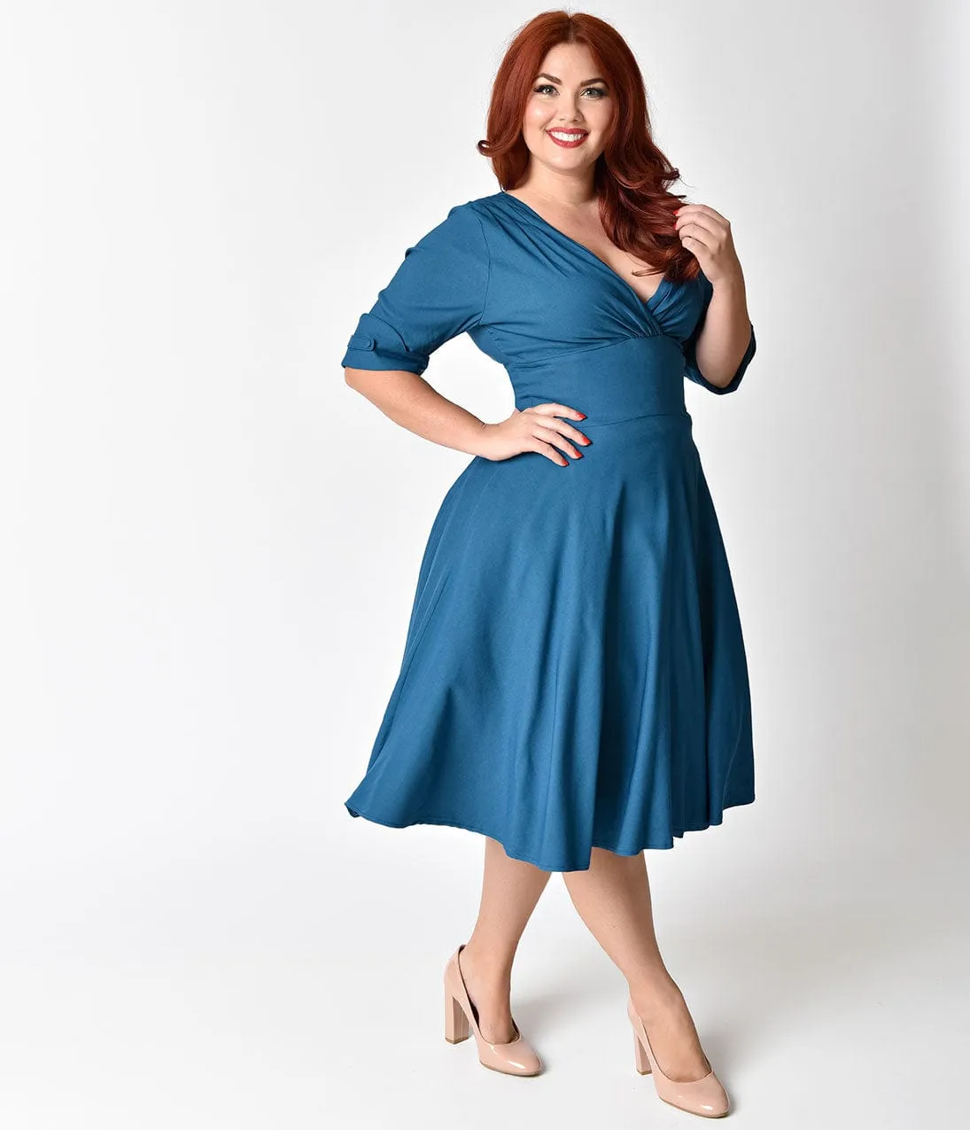 Unique Vintage Plus Size 1950s Teal Delores Swing Dress with Sleeves sold by Unique Vintage