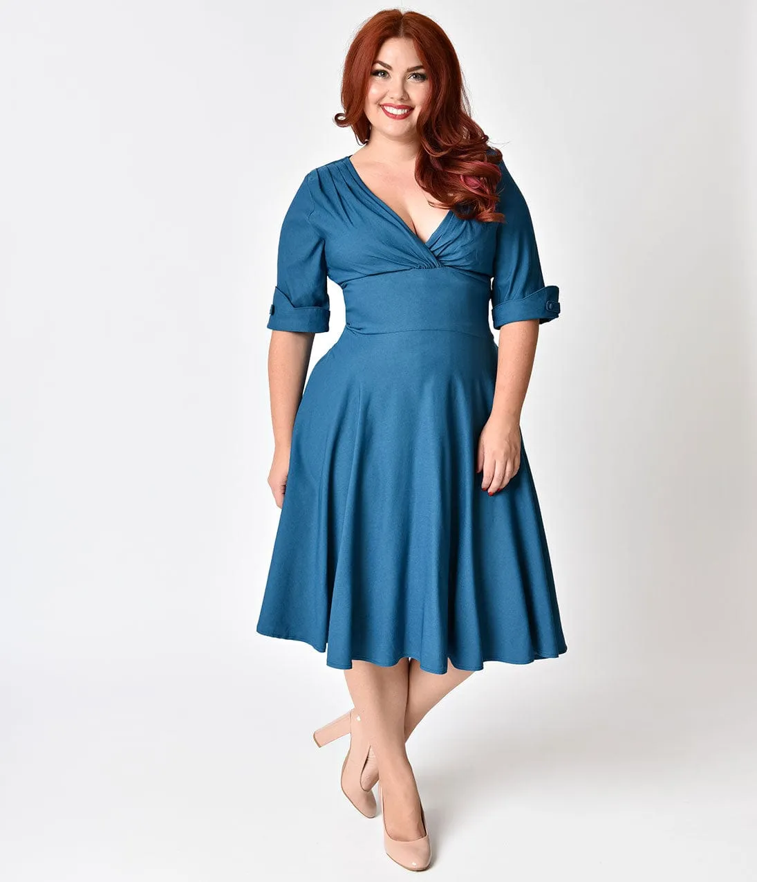 Unique Vintage Plus Size 1950s Teal Delores Swing Dress with Sleeves sold by Unique Vintage product image thumbnail 5