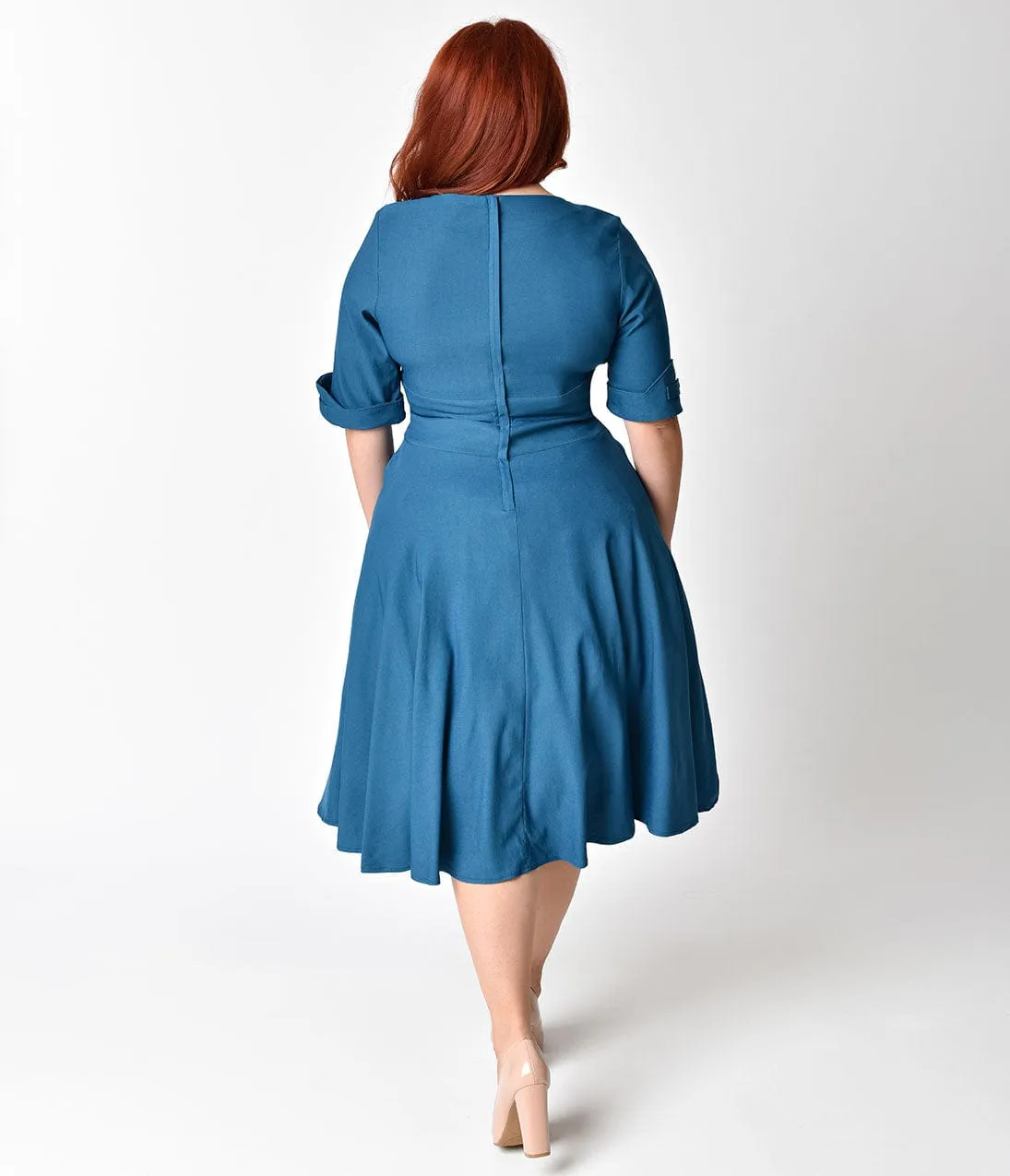Unique Vintage Plus Size 1950s Teal Delores Swing Dress with Sleeves sold by Unique Vintage product image thumbnail 2