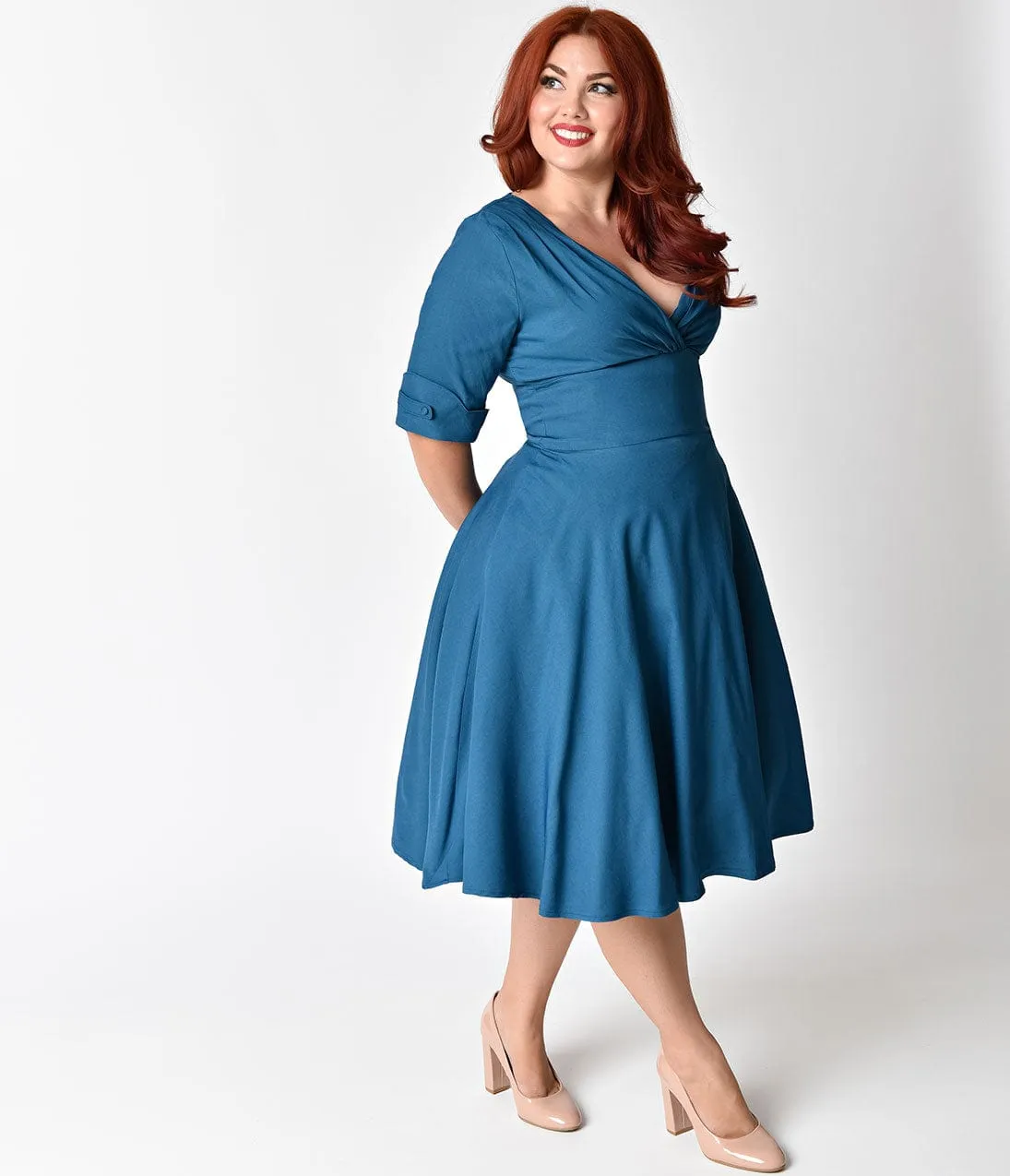 Unique Vintage Plus Size 1950s Teal Delores Swing Dress with Sleeves sold by Unique Vintage product image thumbnail 3