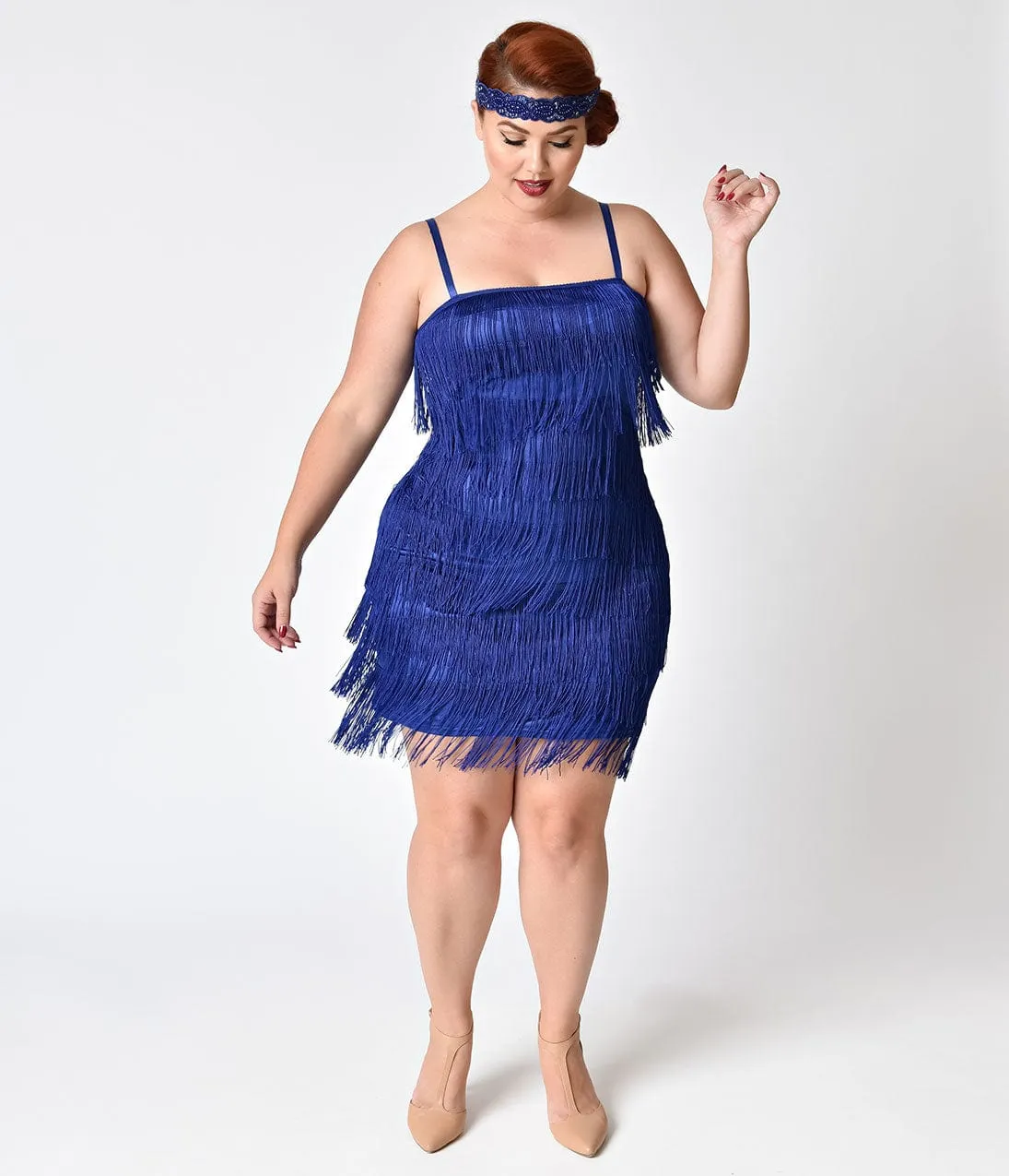 Unique Vintage Plus Size 1920s Style Royal Blue Speakeasy Tiered Fringe Flapper Dress sold by Unique Vintage product image thumbnail 5