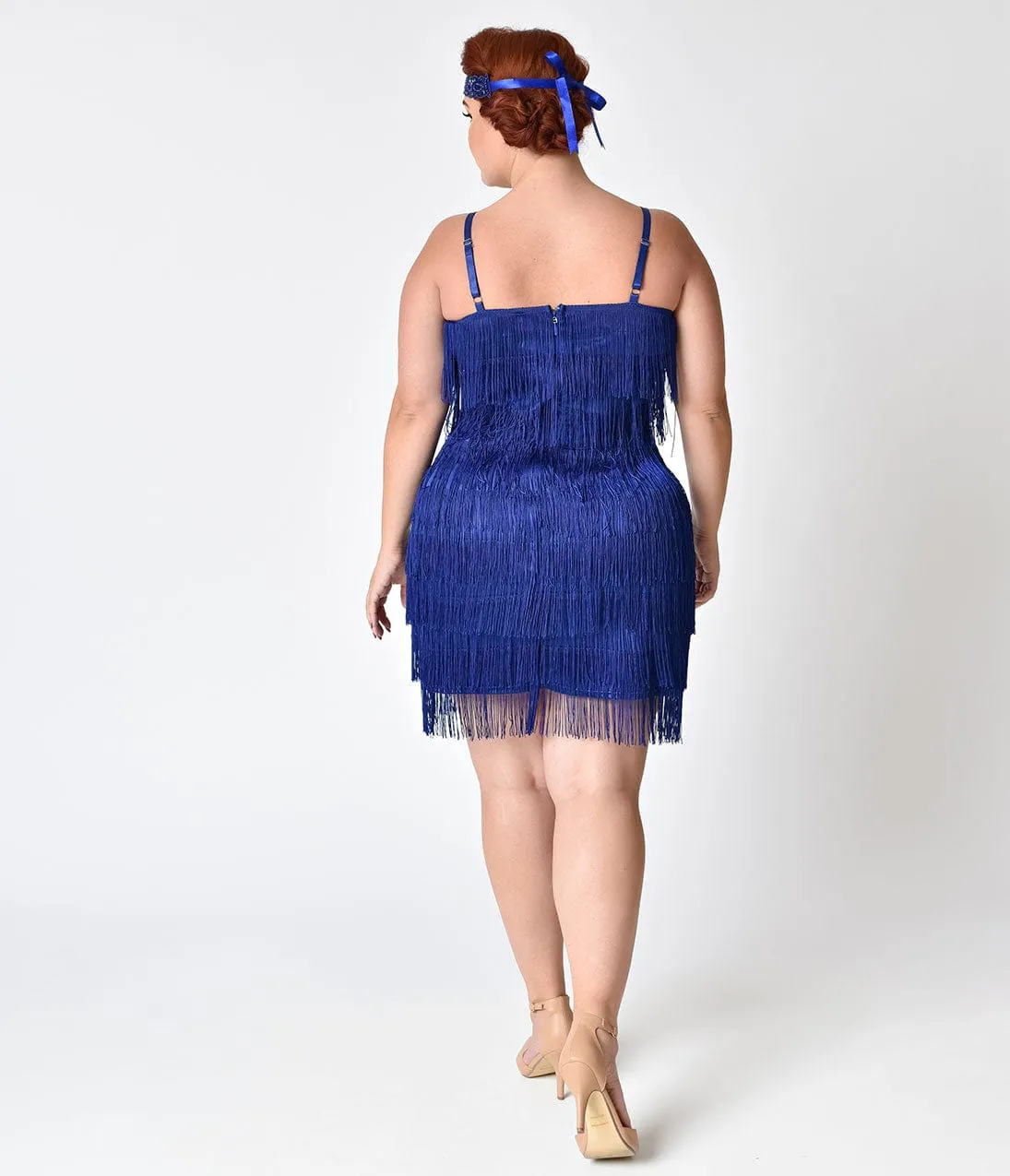 Unique Vintage Plus Size 1920s Style Royal Blue Speakeasy Tiered Fringe Flapper Dress sold by Unique Vintage product image thumbnail 2