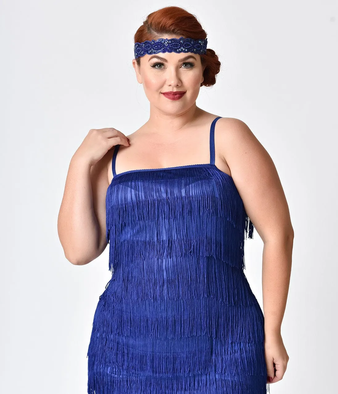 Unique Vintage Plus Size 1920s Style Royal Blue Speakeasy Tiered Fringe Flapper Dress sold by Unique Vintage product image thumbnail 3