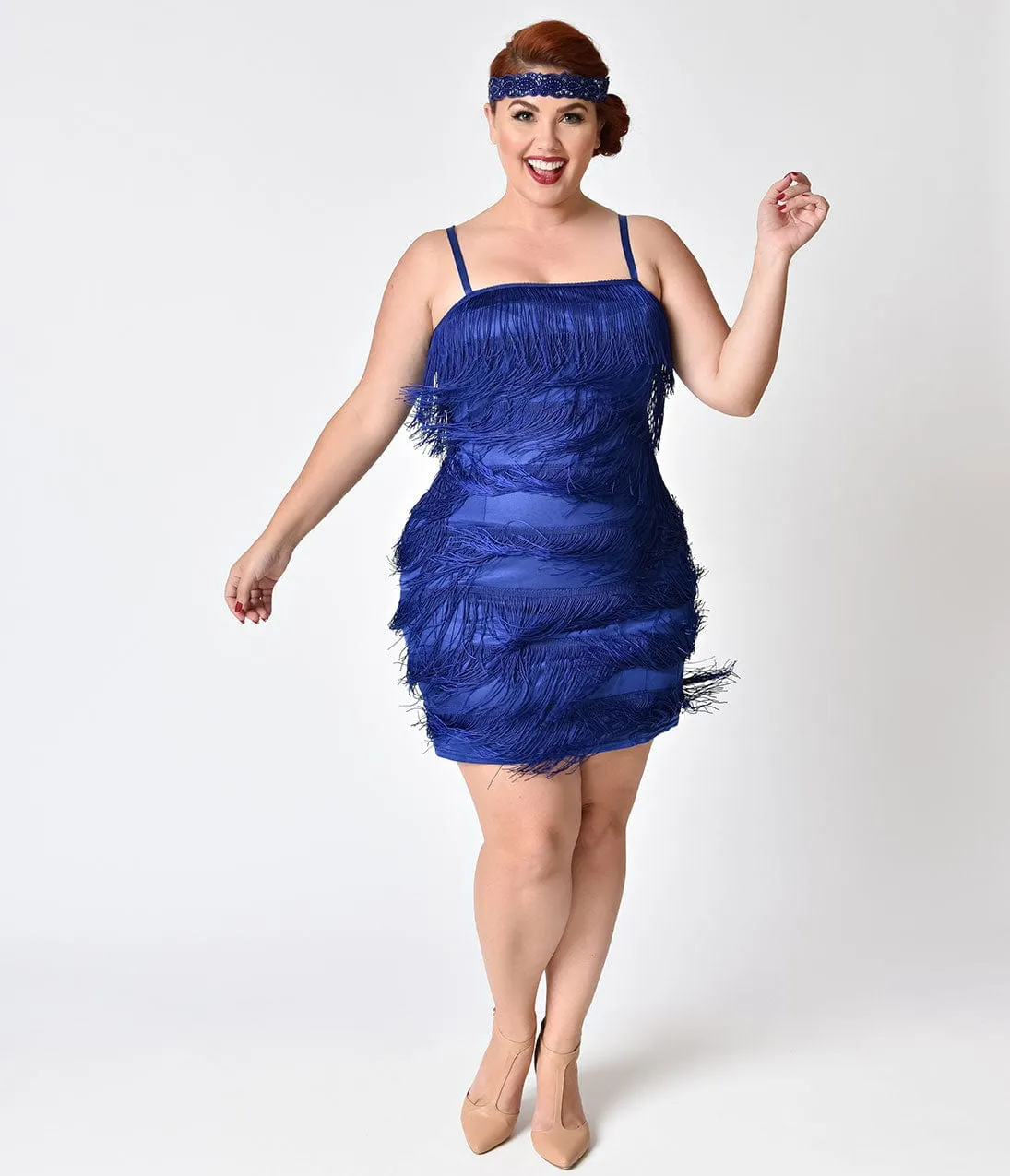 Unique Vintage Plus Size 1920s Style Royal Blue Speakeasy Tiered Fringe Flapper Dress sold by Unique Vintage product image thumbnail 4