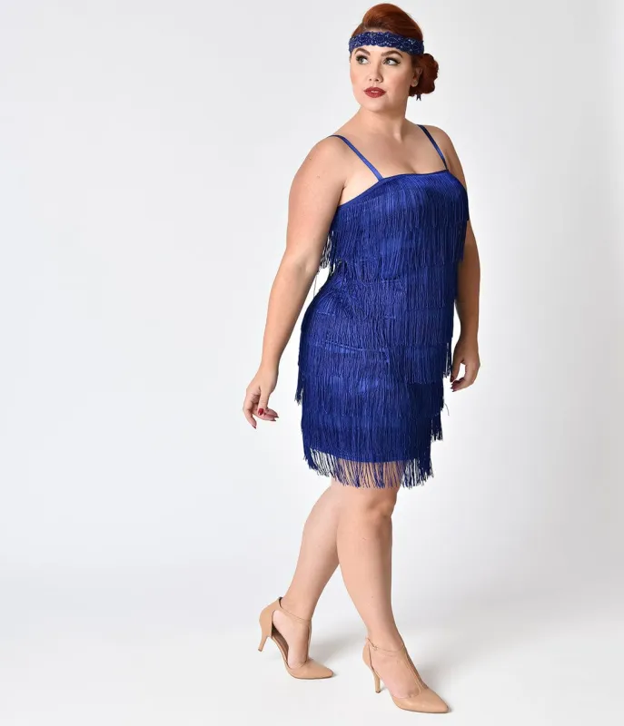Unique Vintage Plus Size 1920s Style Royal Blue Speakeasy Tiered Fringe Flapper Dress made by Unique Vintage